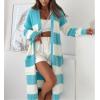 imagechouyatou Womens Trendy Striped Knit Cardigan Color Block Open Front Mid Long Sweater Jacket CoatAzure