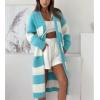 imagechouyatou Womens Trendy Striped Knit Cardigan Color Block Open Front Mid Long Sweater Jacket CoatAzure