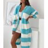 imagechouyatou Womens Trendy Striped Knit Cardigan Color Block Open Front Mid Long Sweater Jacket CoatAzure