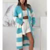 imagechouyatou Womens Trendy Striped Knit Cardigan Color Block Open Front Mid Long Sweater Jacket CoatAzure