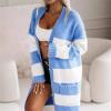 imagechouyatou Womens Trendy Striped Knit Cardigan Color Block Open Front Mid Long Sweater Jacket CoatBlue
