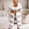 imagechouyatou Womens Trendy Striped Knit Cardigan Color Block Open Front Mid Long Sweater Jacket CoatGrey