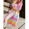 imagechouyatou Womens Trendy Striped Knit Cardigan Color Block Open Front Mid Long Sweater Jacket CoatRainbow