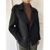 imagechouyatou Womens Winter Notch Lapel Cropped Wool Jacket Coat Open Front Loose Dressy Blazer Trench CoatBlack