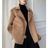imagechouyatou Womens Winter Notch Lapel Cropped Wool Jacket Coat Open Front Loose Dressy Blazer Trench CoatCamel