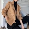 imagechouyatou Womens Winter Notch Lapel Cropped Wool Jacket Coat Open Front Loose Dressy Blazer Trench CoatCamel