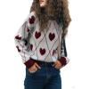 imagechouyatou Women 2025 Cute Heart Jacquard Knit Pullover Sweater Casual Crewneck Color Block Sweater JumperRed