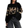 imagechouyatou Women 2025 Fall Leopard Print Pullover Sweater Crewneck Oversized Color Block Sweater Jumper TopBlack