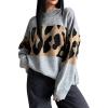 imagechouyatou Women 2025 Fall Leopard Print Pullover Sweater Crewneck Oversized Color Block Sweater Jumper TopGrey