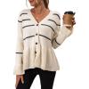 imagechouyatou Women Casual Blazers Striped Button Knit Lightweight Peplum Cardigan Sweater Jackets for WorkBeige