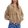 imagechouyatou Womens 2025 Fall Boyfriend Floral Denim Jacket Spring Y2K Casual Oversized Jean Bomber JacketKhaki