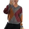 imagechouyatou Womens 2025 Fall VNeck Argyle Sweaters Pullover Oversized Chunky Knit Casual Sweater TopRed Grey