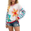 imagechouyatou Womens Daisy Floral Pullover Sweaters Color Block Striped Long Sleeve Sweater Jumper TopsWhite