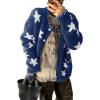 imagechouyatou Womens Fall Cute Star Cardigan Sweater Casual Loose Button Down Preppy Furry Jacquard Knit Cardigan TopsDark Blue
