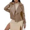 imagechouyatou Womens Notched Lapel Pu Leather Jacket Boyfriend Motorcycle Faux Leather Jacket Outerwear CoatKhaki