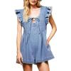 imagechouyatou Womens Ruffle Flutter Sleeve Baggy Denim Wide Leg Jumpsuit Tie Front Pleated Romper Shorts with PocketsBlue