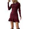 imagechouyatou Womens Sexy Sweater Ribbed Knit Mini Dress Ruffle Hem Mermaid Short Dress Long Sleeve Bodycon Party DressWine Red
