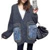 imagechouyatou Womens Trendy Color Block Splicing Knit Oversized Cardigan Open Front Fall Sweater JacketGrey