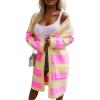 imagechouyatou Womens Trendy Striped Knit Cardigan Color Block Open Front Mid Long Sweater Jacket CoatPink
