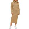 imagechouyatou Womens Turtleneck 2 Piece Outfits Loose Ribbed Knit Cross Wrap Sweater and Midi Bodycon Skirt SetsKhaki