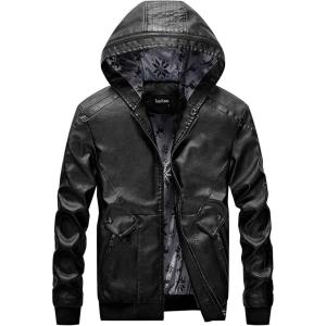 imagechouyatou Mens Stylish Hooded ZipFront Fleece Lined Moto Pu Leather Bomber Jackets XLarge Black
