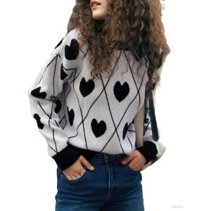 imagechouyatou Women 2025 Cute Heart Jacquard Knit Pullover Sweater Casual Crewneck Color Block Sweater JumperBlack