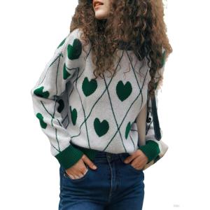 imagechouyatou Women 2025 Cute Heart Jacquard Knit Pullover Sweater Casual Crewneck Color Block Sweater JumperGreen
