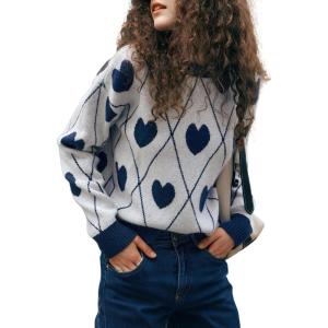 imagechouyatou Women 2025 Cute Heart Jacquard Knit Pullover Sweater Casual Crewneck Color Block Sweater JumperNavy Blue