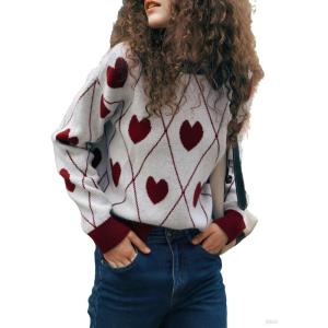 imagechouyatou Women 2025 Cute Heart Jacquard Knit Pullover Sweater Casual Crewneck Color Block Sweater JumperRed