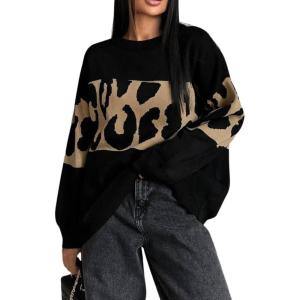imagechouyatou Women 2025 Fall Leopard Print Pullover Sweater Crewneck Oversized Color Block Sweater Jumper TopBlack
