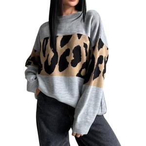 imagechouyatou Women 2025 Fall Leopard Print Pullover Sweater Crewneck Oversized Color Block Sweater Jumper TopGrey