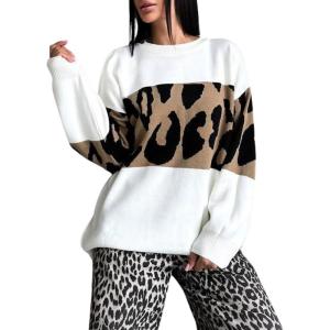 imagechouyatou Women 2025 Fall Leopard Print Pullover Sweater Crewneck Oversized Color Block Sweater Jumper TopWhite
