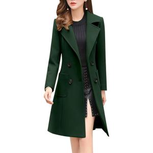 imagechouyatou Women Elegant Notched Collar Double Breasted Wool Blend Over CoatGreen