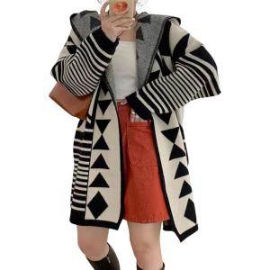 imagechouyatou Women Trendy Color Block Open Front Knit Oversized Hoodie Cardigan Tribal Aztec Sweater JacketBlack