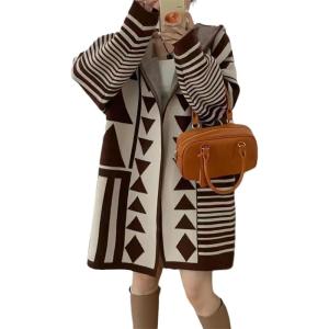 imagechouyatou Women Trendy Color Block Open Front Knit Oversized Hoodie Cardigan Tribal Aztec Sweater JacketCoffee