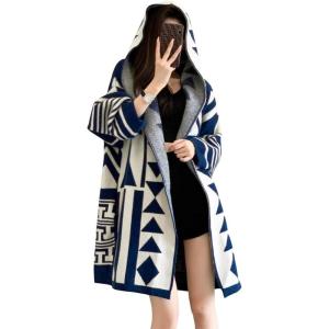 imagechouyatou Women Trendy Color Block Open Front Knit Oversized Hoodie Cardigan Tribal Aztec Sweater JacketDark Blue