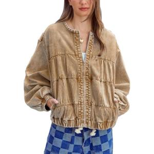 imagechouyatou Womens 2025 Fall Boyfriend Floral Denim Jacket Spring Y2K Casual Oversized Jean Bomber JacketKhaki