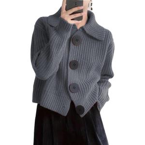 imagechouyatou Womens 2025 Fall Button Down Cropped Cardigan Sweater Chunky Knit Work Casual Cardigan JacketGrey