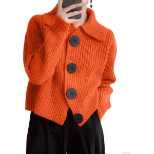 imagechouyatou Womens 2025 Fall Button Down Cropped Cardigan Sweater Chunky Knit Work Casual Cardigan JacketOrange