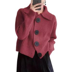 imagechouyatou Womens 2025 Fall Button Down Cropped Cardigan Sweater Chunky Knit Work Casual Cardigan JacketRed
