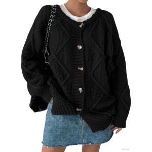 imagechouyatou Womens 2025 Fall Cable Knit Cardigan Sweater Casaul Button Down Chunky Oversized Cardigan TopBlack