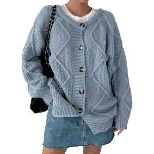 imagechouyatou Womens 2025 Fall Cable Knit Cardigan Sweater Casaul Button Down Chunky Oversized Cardigan TopBlue