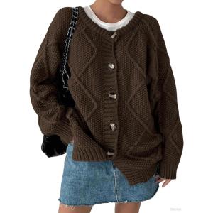 imagechouyatou Womens 2025 Fall Cable Knit Cardigan Sweater Casaul Button Down Chunky Oversized Cardigan TopBrown