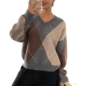 imagechouyatou Womens 2025 Fall VNeck Argyle Sweaters Pullover Oversized Chunky Knit Casual Sweater TopApricot Grey