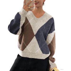 imagechouyatou Womens 2025 Fall VNeck Argyle Sweaters Pullover Oversized Chunky Knit Casual Sweater TopApricot Navy