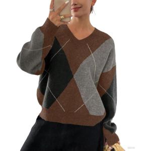 imagechouyatou Womens 2025 Fall VNeck Argyle Sweaters Pullover Oversized Chunky Knit Casual Sweater TopCoffee Grey