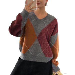 imagechouyatou Womens 2025 Fall VNeck Argyle Sweaters Pullover Oversized Chunky Knit Casual Sweater TopRed Grey