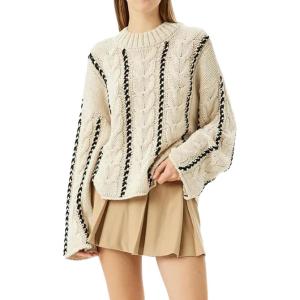 imagechouyatou Womens 2025 Fall Vertical Striped Sweaters Cable Knit Crewneck Pullover Jumper TopsApricot