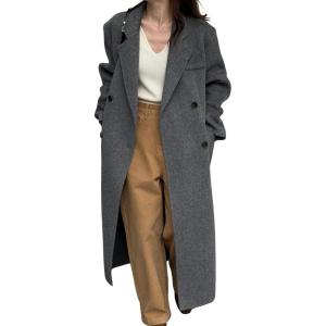 imagechouyatou Womens 2025 Winter Wool Overcoat Turn Down Collar Long Peacoat Business Casual Trench CoatsGrey