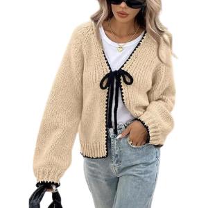 imagechouyatou Womens Bow Tie Front Cardigan Sweaters Fall Winter Long Sleeve Open Front Chunky Sweater CoatsApricot